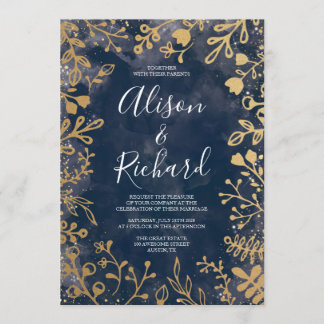 Garden Starry Night Gold and Navy Wedding Invitati Invitation