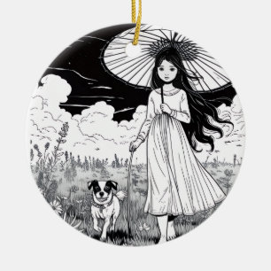 Garden Stroll Girl and Dog Ceramic Ornament