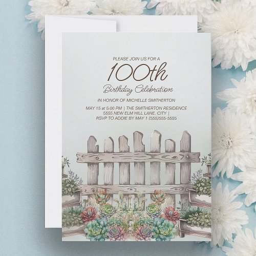 Garden Succulents Gate Botanical 100th Birthday Invitation