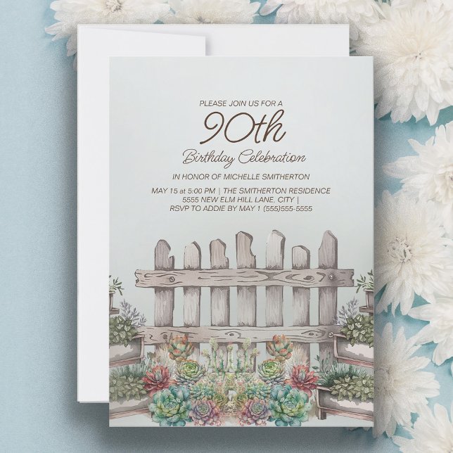 Garden Succulents Gate Botanical 90th Birthday Invitation (Garden and succulents 90th birthday party invitation for women)