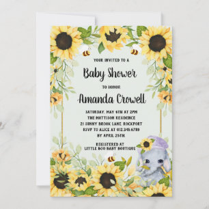 Garden Sunflowers Elephant Boy Baby Shower Invitation
