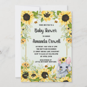 Garden Sunflowers Elephant Girl Baby Shower Invitation