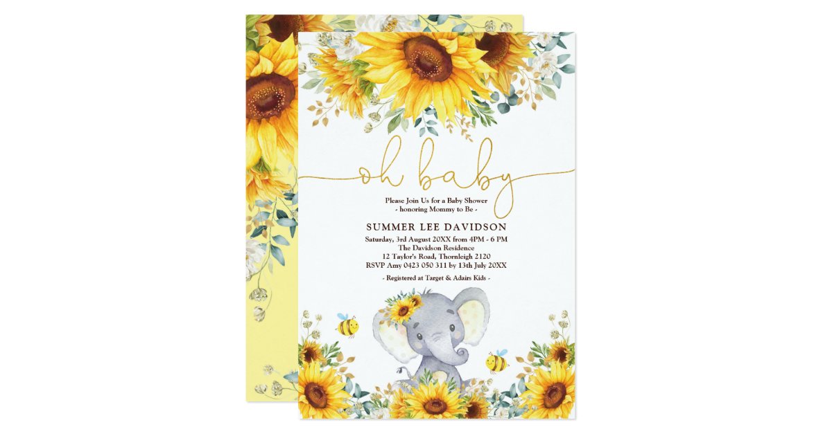 Garden Sunflowers Elephant Neutral Baby Shower Invitation