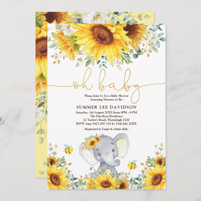 Garden Sunflowers Elephant Neutral Baby Shower Invitation (Front/Back)