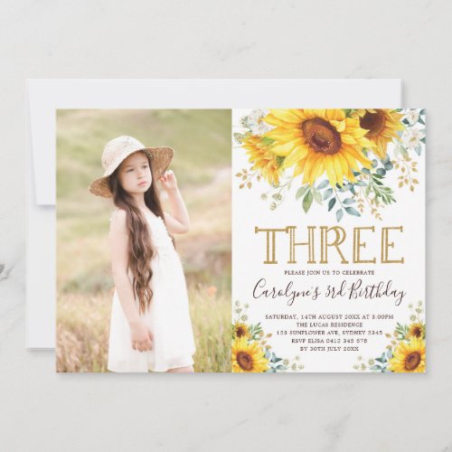 Garden Sunflowers Greenery 3rd Birthday Photo Invitation