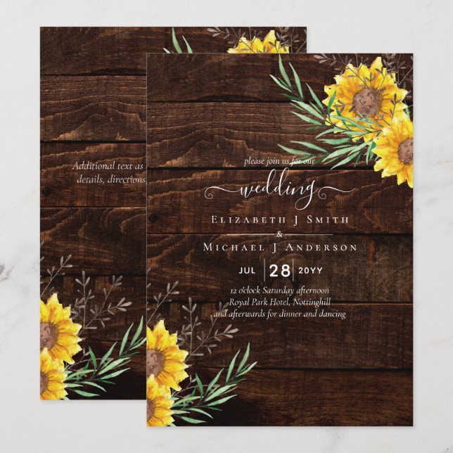Garden Sunflowers Rustic Wood Wedding (Front/Back)