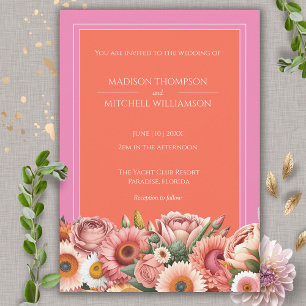 Garden Sunrise Pink Orange Modern Floral Wedding Invitation