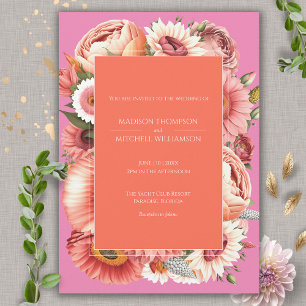 Garden Sunrise Pink Orange Modern Floral Wedding Invitation