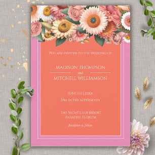 Garden Sunrise Pink Orange Modern Floral Wedding Invitation