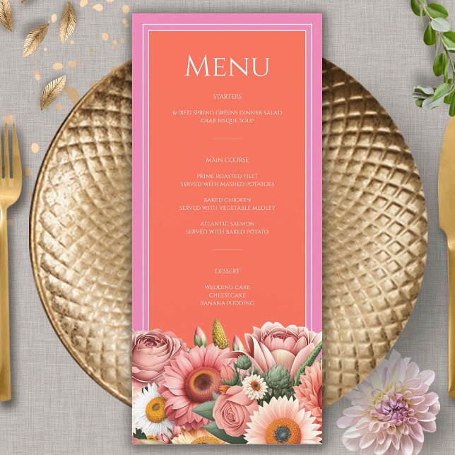 Garden Sunrise Pink Orange Modern Floral Wedding  Menu (Creator Uploaded)