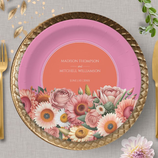 Garden Sunrise Pink Orange Modern Floral Wedding  Paper Plates (Creator Uploaded)