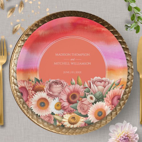 Garden Sunrise Pink Orange Modern Floral Wedding  Paper Plates