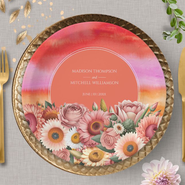 Garden Sunrise Pink Orange Modern Floral Wedding  Paper Plates (Creator Uploaded)