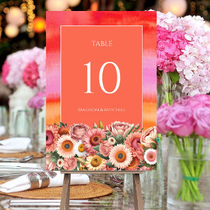 Garden Sunrise Pink Orange Watercolor Flowers Table Number