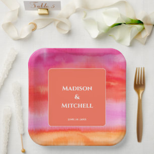 Garden Sunrise Pink Orange Watercolor Wedding Paper Plates