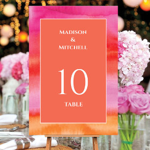 Garden Sunrise Pink Orange Watercolor Wedding Table Number