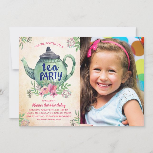 Garden Tea Party Birthday Photo Invitation (Front)