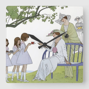 Garden tea party square wall clock