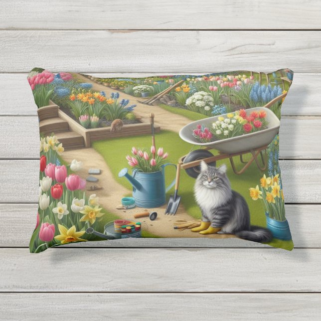 Garden Time Flowers and Cat Outdoor Accent Pillow (Front)