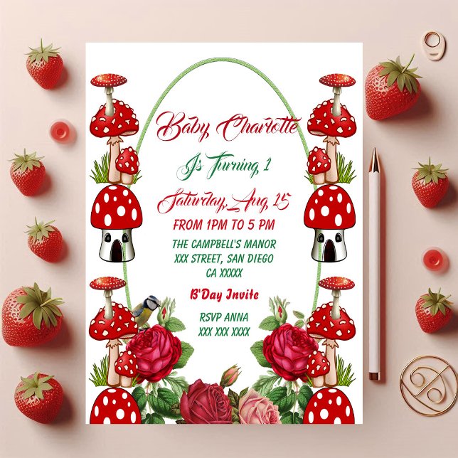 Garden Toadstool Rustic Roses Baby's 1st Birthday  (Garden Toadstool Rustic Roses Baby's 1st Birthday Card)