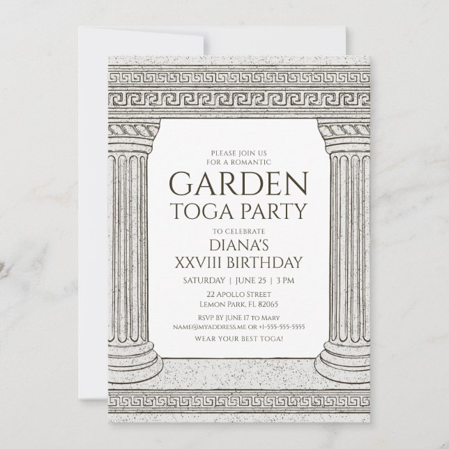 Garden Toga Birthday Party Invitation with columns (Front)