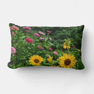 Garden view, daisies, cosmos, Sunflowers Lumbar Pillow