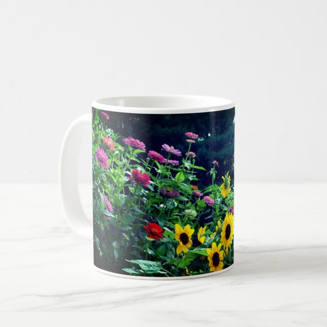 Garden View, daisies, cosmos, sunflowers, mums Coffee Mug (Front Left)