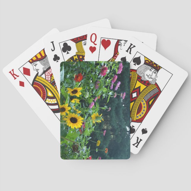Garden View, daisies, cosmos, sunflowers, mums Poker Cards (Back)