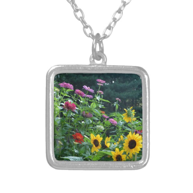 Garden View, daisies, cosmos, sunflowers, mums Silver Plated Necklace (Front)