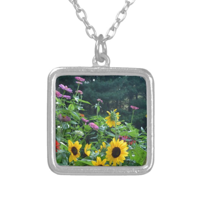 Garden View, daisies, cosmos, sunflowers, mums Silver Plated Necklace (Front)