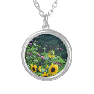 Garden View, daisies, cosmos, sunflowers, mums Silver Plated Necklace