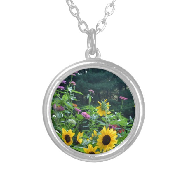 Garden View, daisies, cosmos, sunflowers, mums Silver Plated Necklace (Front)