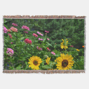 Garden view, daisy, sunflower, pine trees throw blanket