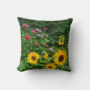 Garden view florals flowers daisies cosmos zinnia throw pillow