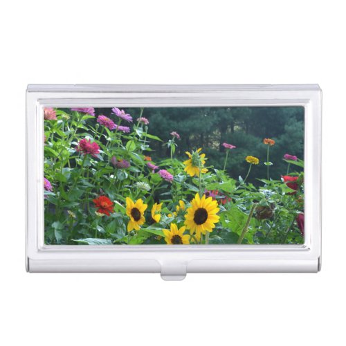 Garden view summer floral pink red yellow flowers business card case