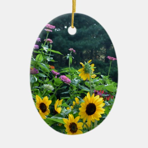 Garden View_ sunflower daisies cosmos Ceramic Ornament