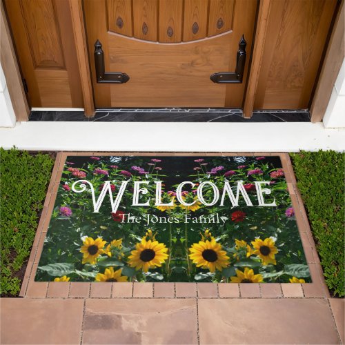 Garden View_ sunflower daisies cosmos Doormat