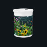 Garden View- sunflower, daisies, cosmos Drink Pitcher<br><div class="desc">romantic old-fashion garden with daisies,  cosmos and sunflowers  - lined in the back with white pines.</div>