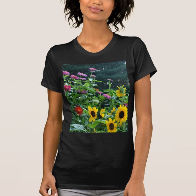Garden View- sunflower, daisies, cosmos, pine tree T-Shirt (Front)