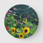 Garden View- Sunflower, Daisies, Cosmos Round Clock at Zazzle