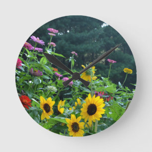 Garden View- sunflower, daisies, cosmos Round Clock