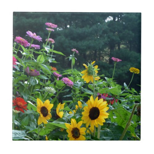 Garden view sunflowers daisies greenery forest tile