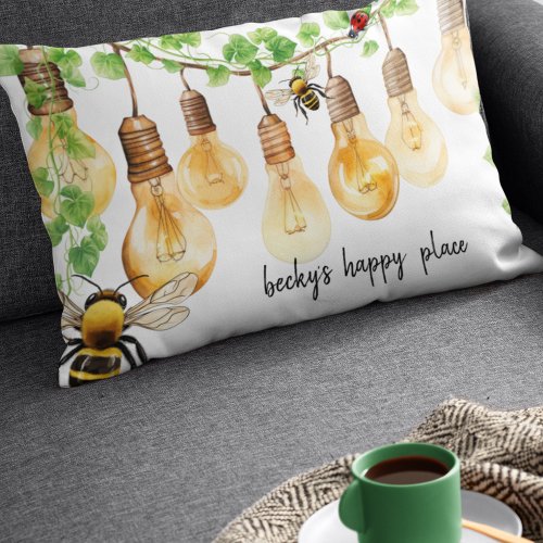 Garden Vine and String Lights with Bee and Ladybug Accent Pillow
