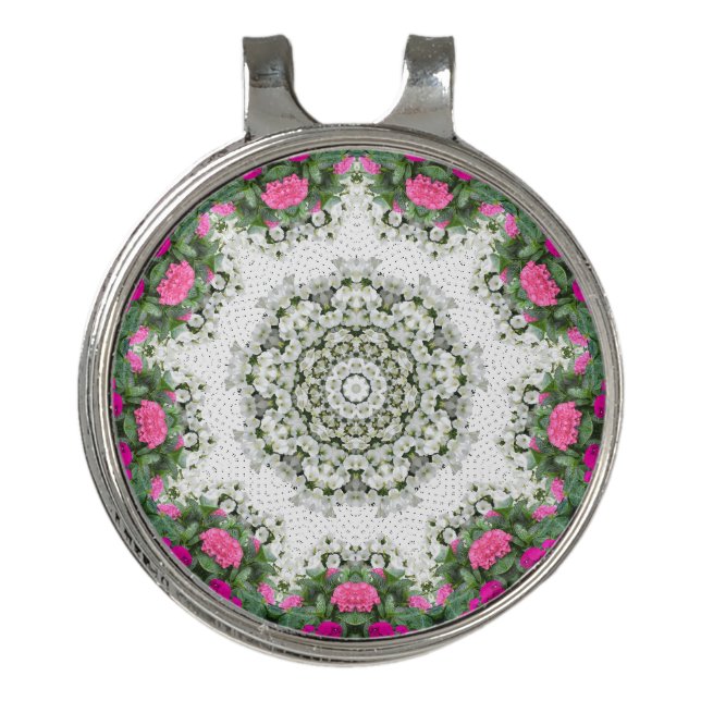 Garden Water Fountain Pink Flowers Mandala Design Golf Hat Clip (Front)