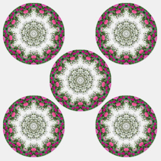 Garden Water Fountain Pink Flowers Mandala Design Labels
