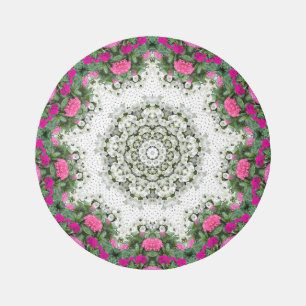 Garden Water Fountain Pink Flowers Mandala Design Outdoor Rug
