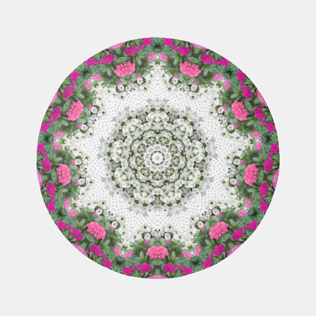 Garden Water Fountain Pink Flowers Mandala Design Outdoor Rug (Front)