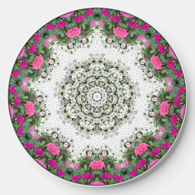 Garden Water Fountain Pink Flowers Mandala Design Wireless Charger (Front)