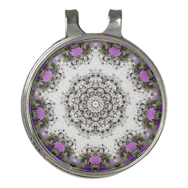 Garden Water Fountain Purple Flowers Mandala Style Golf Hat Clip (Front)