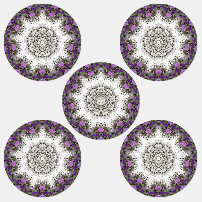 Garden Water Fountain Purple Flowers Mandala Style Labels (Group)